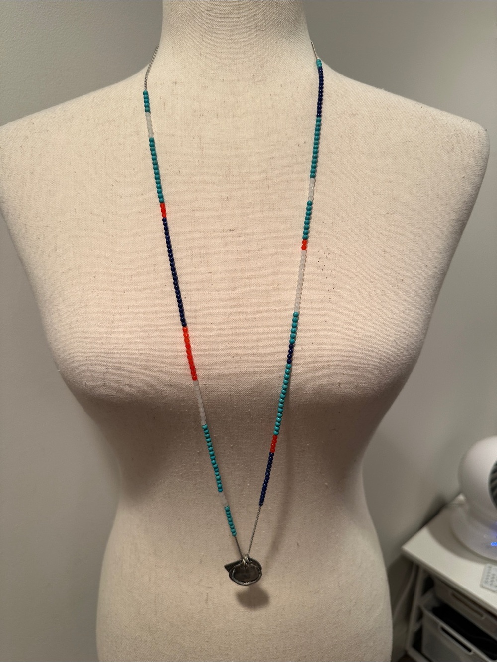 Chan Luu Long Beaded Turquoise, Navy &
Coral Necklace with Silver Charms
